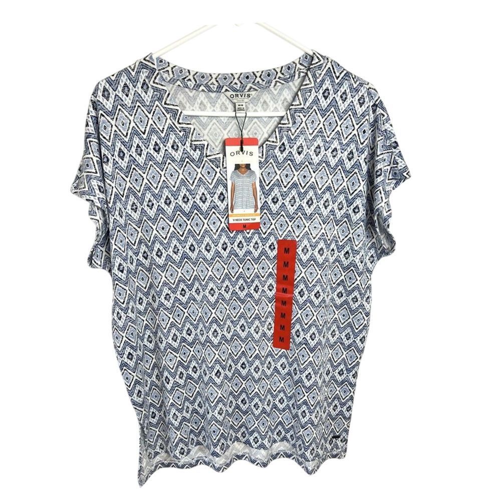 Orvis Women's V Neck Tunic Top Geometric Short Sleeves Size Med NWT